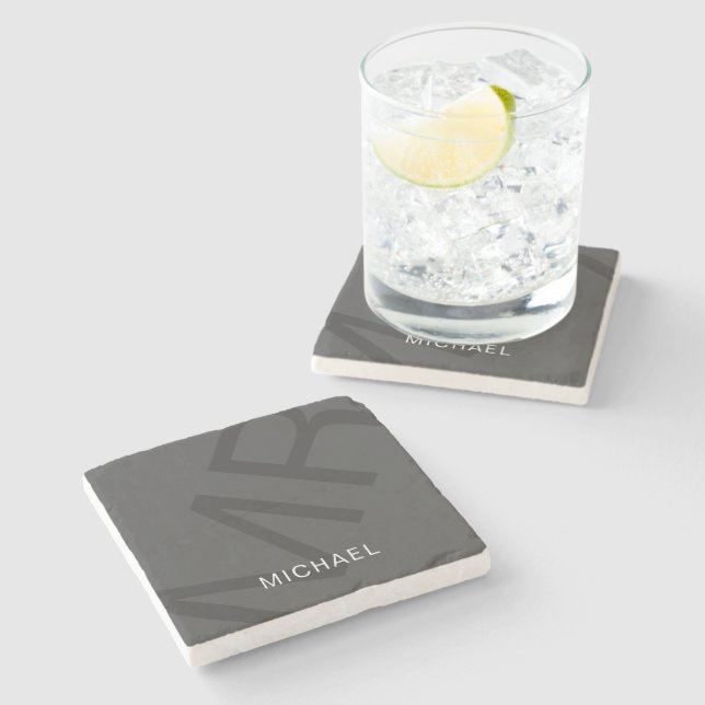 Modern Personalised Monogram Grey Stone Coaster (Side)
