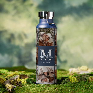 Modern Personalised Monogram & Photo Collage Navy Water Bottle