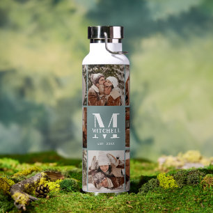 Modern Personalised Monogram & Photo Collage Sage Water Bottle