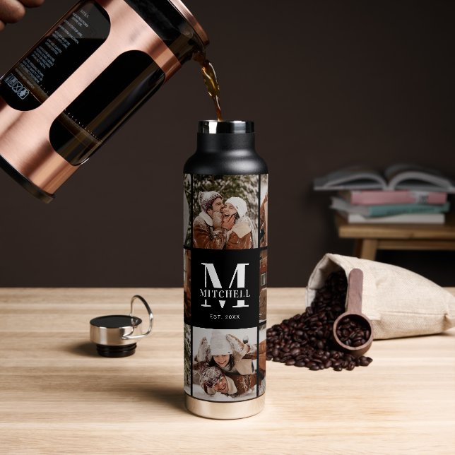 Modern Personalised Monogram & Photo Collage Water Bottle (Coffee)
