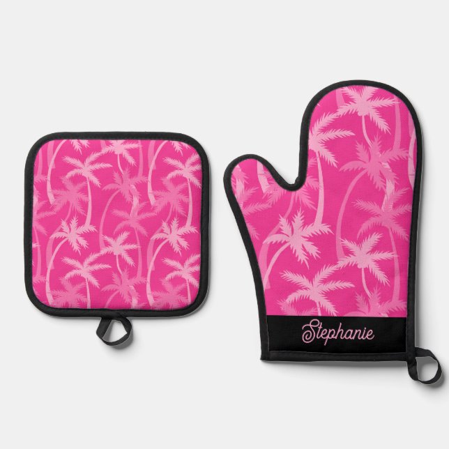 Modern Personalised Monogrammed Pink Palm Trees Oven Mitt & Pot Holder Set (Front)