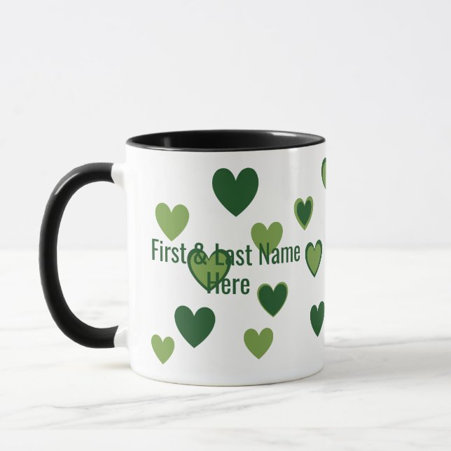 Modern Personalised Name and Fun Green Hearts Art Mug (Left)