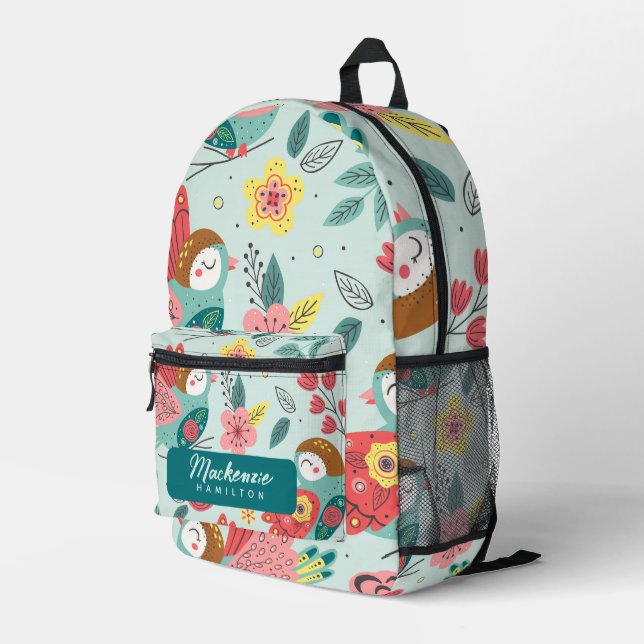 Modern Personalised Name Bird Pattern Printed Backpack (Back Corner Right)
