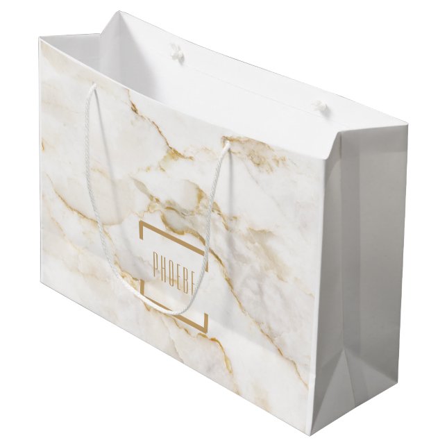 Modern Personalised Name Gold Effect Marble Large Gift Bag (Front Angled)