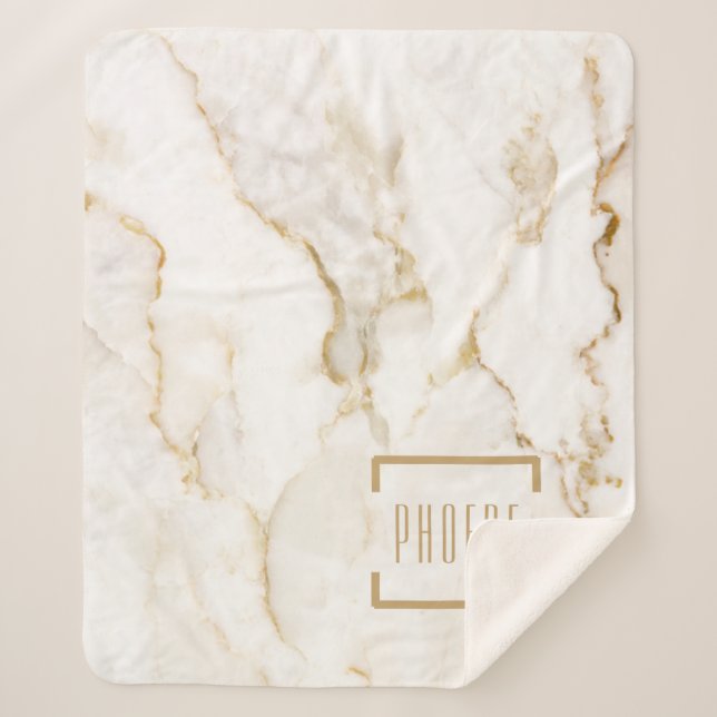 Modern Personalised Name Gold Effect Marble Sherpa Blanket (Front)