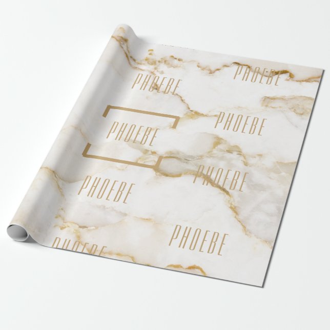 Modern Personalised Name Gold Effect Marble Wrapping Paper (Unrolled)