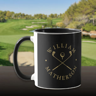 Modern Personalised Name Golf Clubs Black And Gold Mug