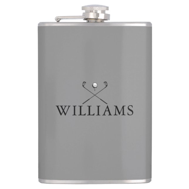 Modern Personalised Name Golf Clubs Grey Hip Flask (Front)