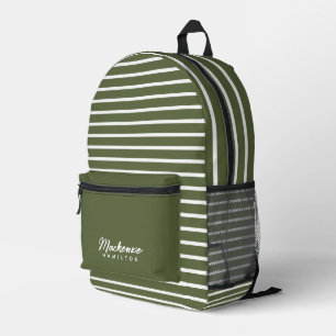 Modern Personalised Name Green Striped Printed Backpack