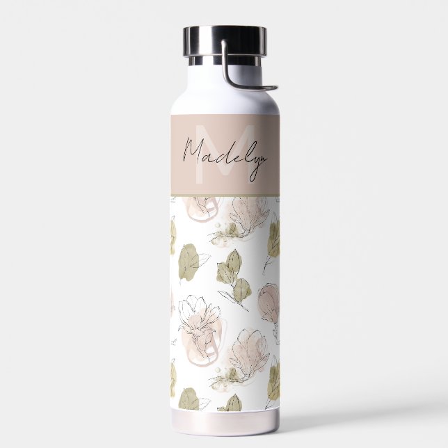 Modern Personalised Name Monogram Floral  Water Bottle (Left)