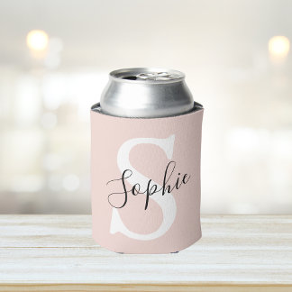 Modern Personalised Name Monogram Pastel Pink Can Cooler