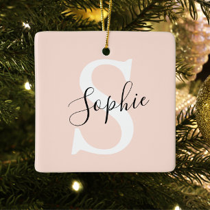 Modern Personalised Name Monogram Pastel Pink Ceramic Ornament
