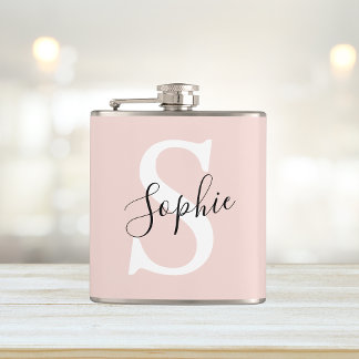 Modern Personalised Name Monogram Pastel Pink Hip Flask