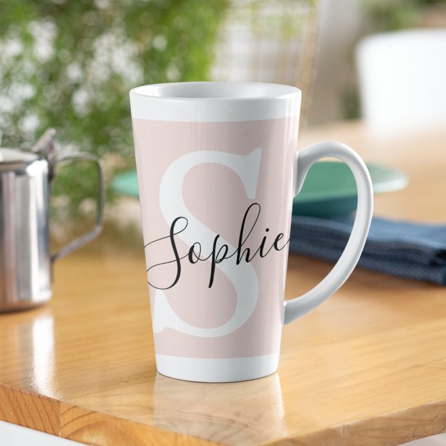 Modern Personalised Name Monogram Pastel Pink Latte Mug (Creator Uploaded)