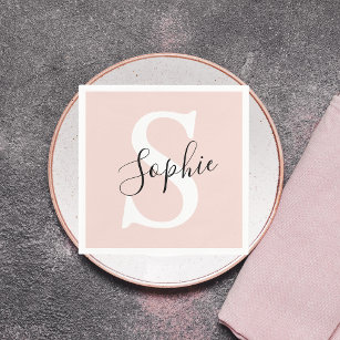 Modern Personalised Name Monogram Pastel Pink Napkin