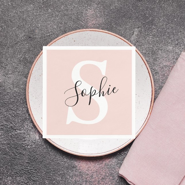 Modern Personalised Name Monogram Pastel Pink Napkin (Creator Uploaded)
