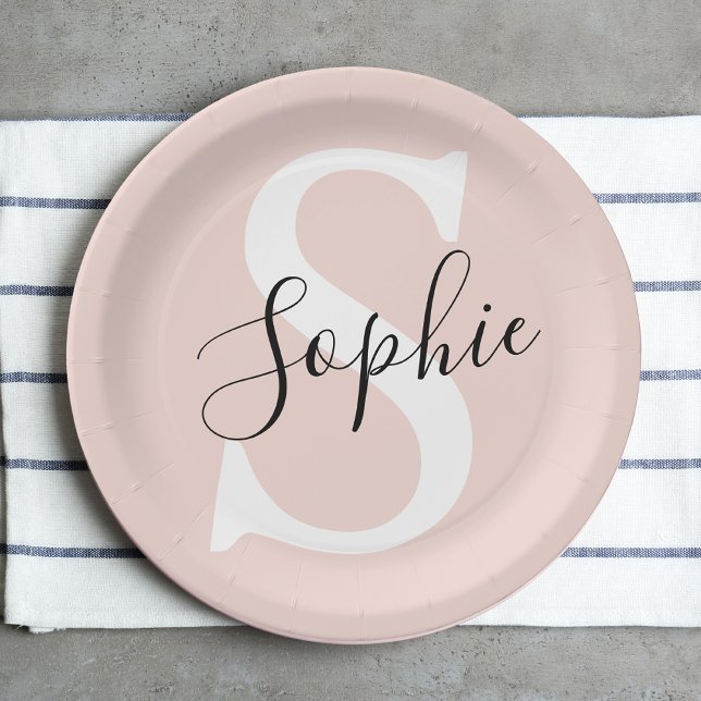 Modern Personalised Name Monogram Pastel Pink Paper Plate (Creator Uploaded)