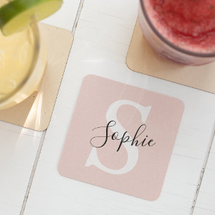 Modern Personalised Name Monogram Pastel Pink Square Paper Coaster