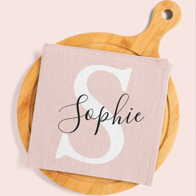 Modern Personalised Name Monogram Pastel Pink Tea Towel (Creator Uploaded)