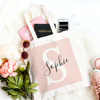 Modern Personalised Name Monogram Pastel Pink Tote Bag