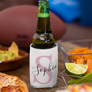 Modern Personalised Name Monogram Pink Can Cooler