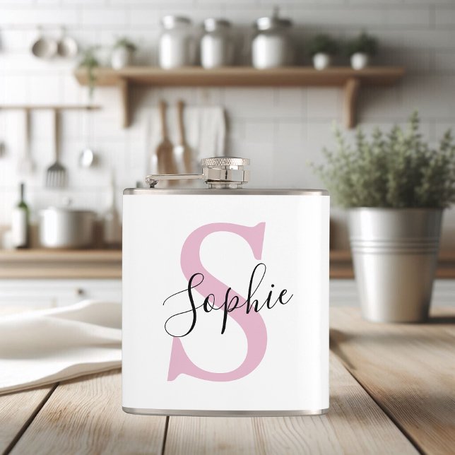 Modern Personalised Name Monogram Pink Hip Flask (Creator Uploaded)