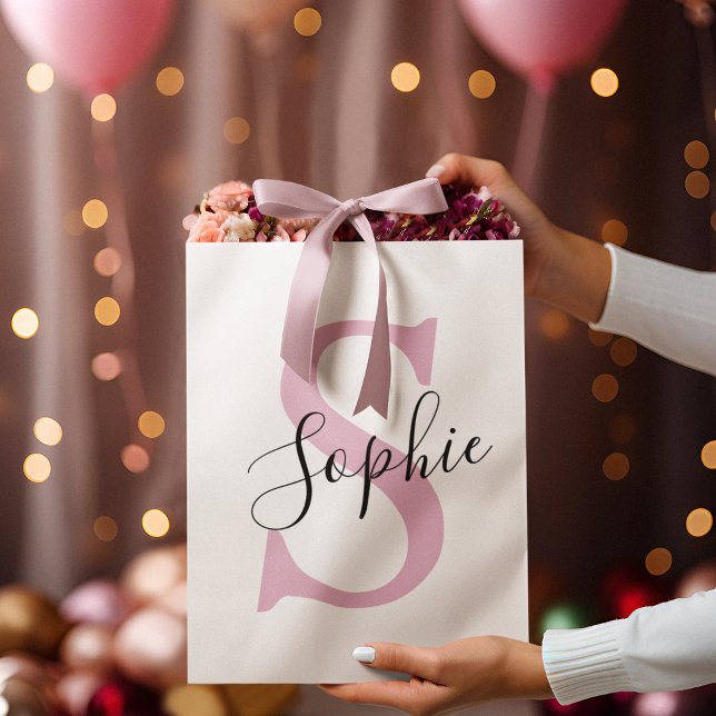 Modern Personalised Name Monogram Pink Large Gift Bag (Creator Uploaded)