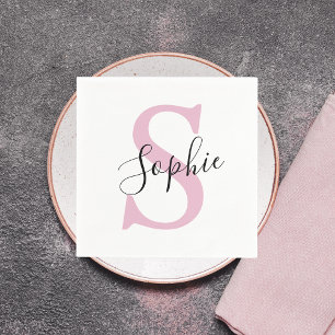 Modern Personalised Name Monogram Pink Napkin
