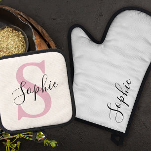 Modern Personalised Name Monogram Pink Oven Mitt & Pot Holder Set