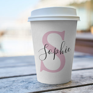 Modern Personalised Name Monogram Pink Paper Cups