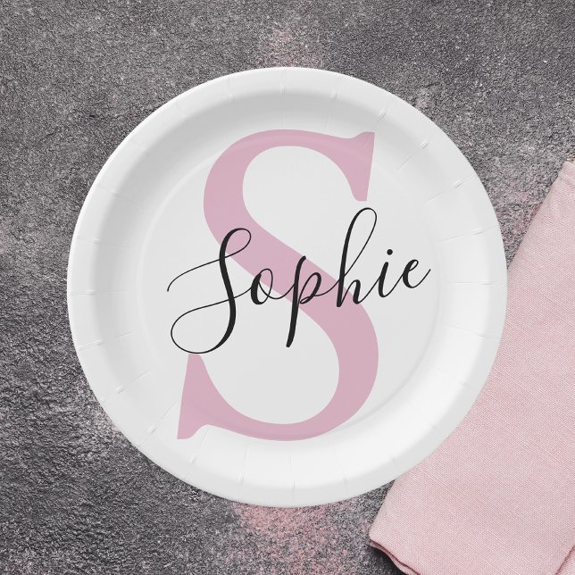 Modern Personalised Name Monogram Pink Paper Plate (Creator Uploaded)