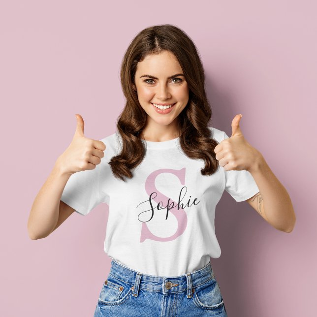 Modern Personalised Name Monogram Pink T-Shirt (Creator Uploaded)