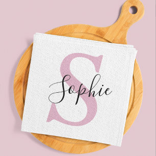 Modern Personalised Name Monogram Pink Tea Towel