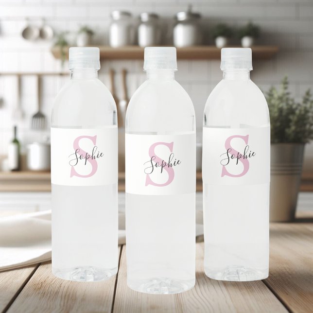 Modern Personalised Name Monogram Pink Water Bottle Label (Creator Uploaded)