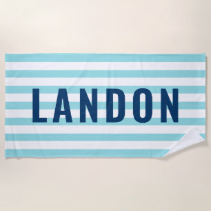 Modern Personalised Name Navy Aqua Striped Beach Towel