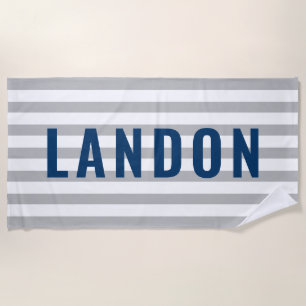 Modern Personalised Name Navy Grey Striped Beach Towel