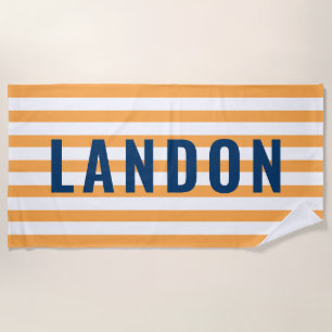 Modern Personalised Name Navy Orange Striped Beach Towel