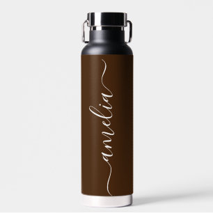 Modern Personalised Name Script Black And Brown Water Bottle