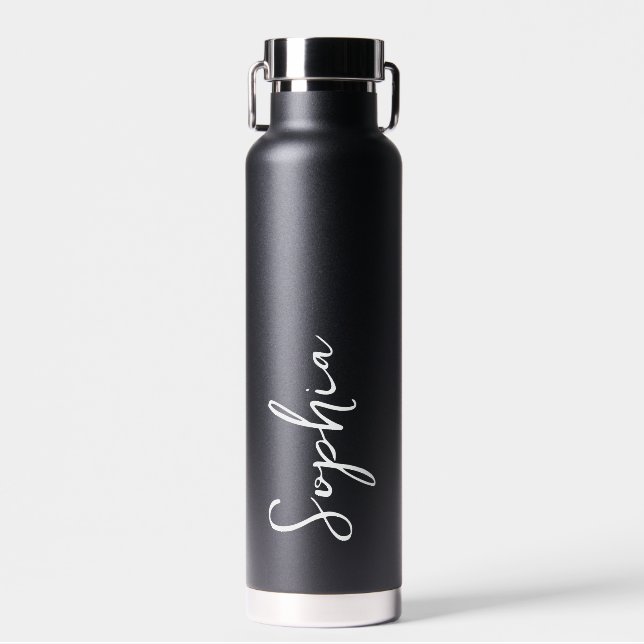 Modern Personalised Name Script Black Wedding gift Water Bottle (Front)