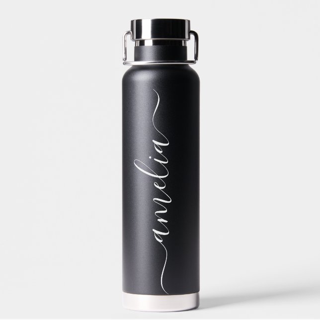 Modern Personalised Name Script Black Wedding gift Water Bottle (Back)