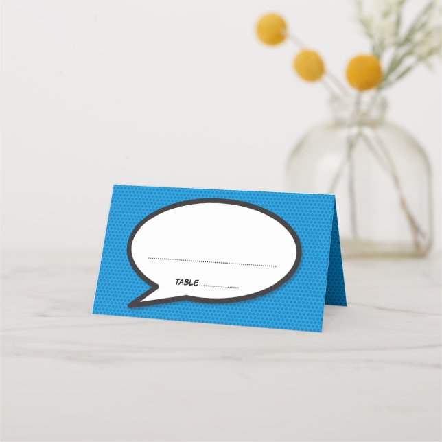 Modern Personalised Names Date Comic Book Wedding Place Card (Front)