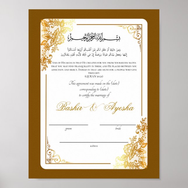 Modern Personalised Nikkah Marriage Certificate Poster (Front)