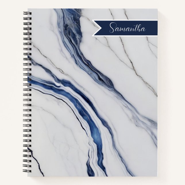 Modern Personalised Off-White Blue Marble  Notebook (Front)