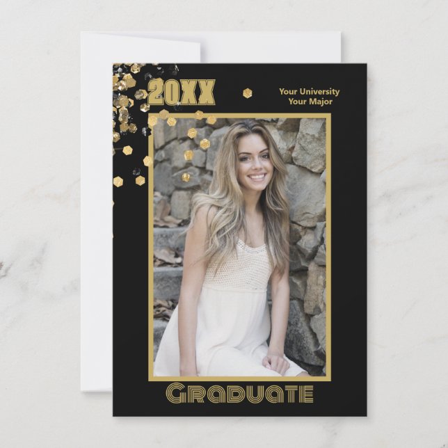 Modern Personalised Photo Black Gold Sparkles  Invitation (Front)