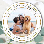 Modern Personalised Photo Just Married Wedding Classic Round Sticker<br><div class="desc">Add the finishing touch to your dog wedding announcements with these custom photo, and personalised 'My Humans Got Married stickers. Customise with your favourite photo,  names and date. COPYRIGHT © 2020 Judy Burrows,  Black Dog Art - All Rights Reserved. Modern Personalised Photo Just Married Wedding Classic Round Sticker</div>