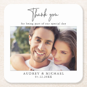 Modern Personalised Photo Wedding Thank You Square Paper Coaster