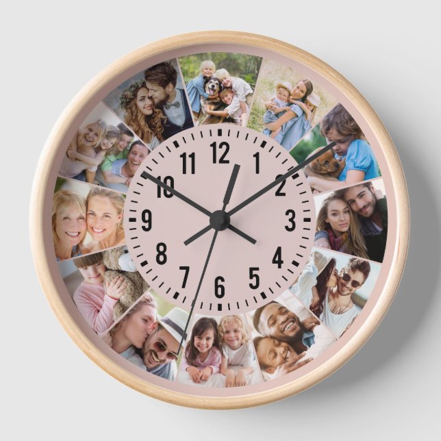Modern Personalised Pink 12 Photo Collage Clock (Front)