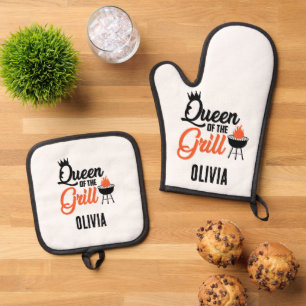 Modern Personalised Queen of the Grill Oven Mitt & Pot Holder Set