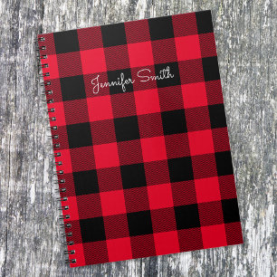 Modern Personalised Red and Black Buffalo Check Notebook