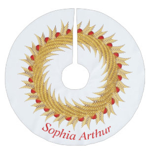 Modern Personalised Red Gold Wreath Christmas Brushed Polyester Tree Skirt
